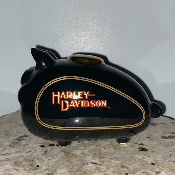 Vintage 2002 Harley Davidson High Shine Black Gold Road Hog Ceramic Piggy Bank - Picture 1 of 14